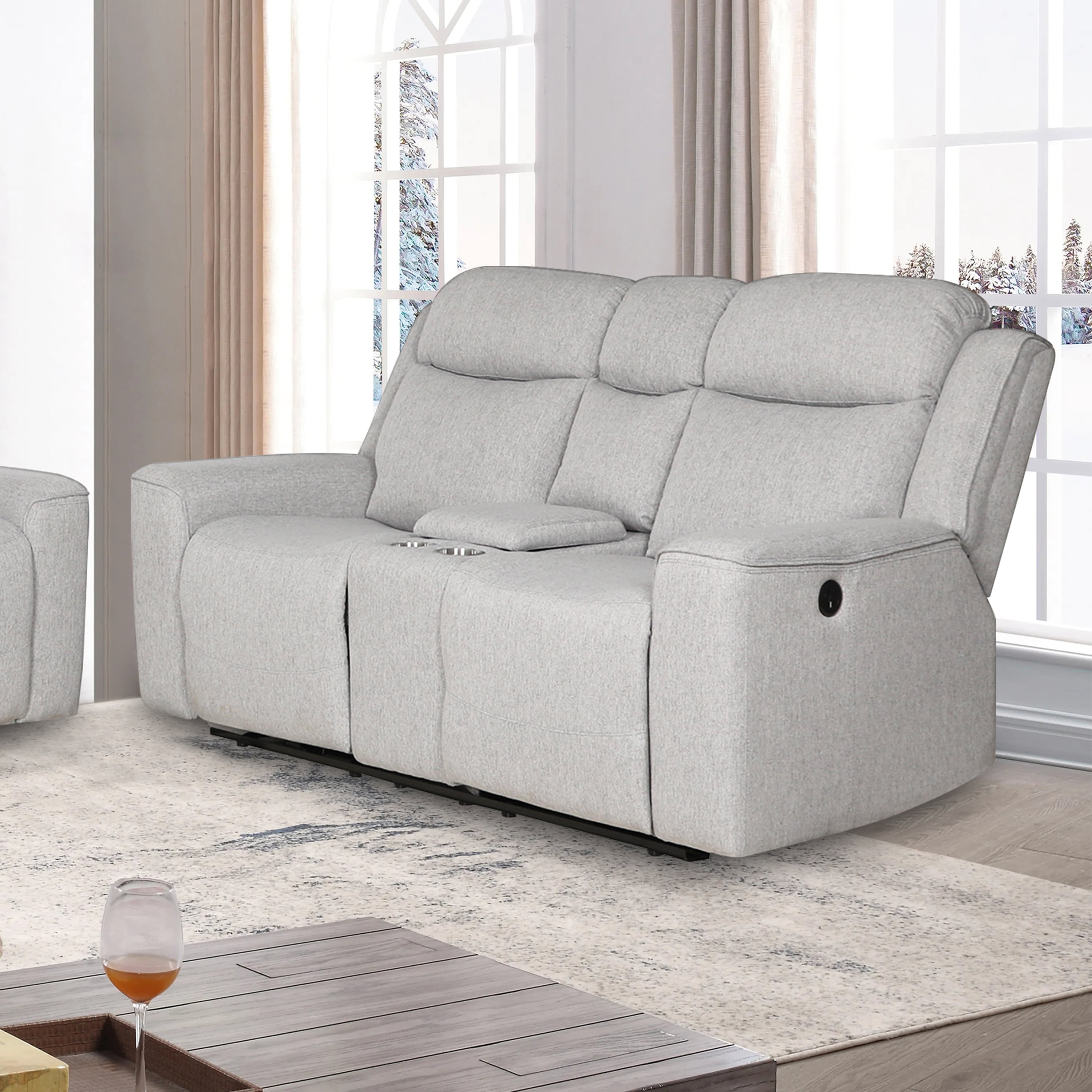 Amelia Collection Contemporary Upholstered Recliner Loveseat with Storage Console and Cup Holders, White