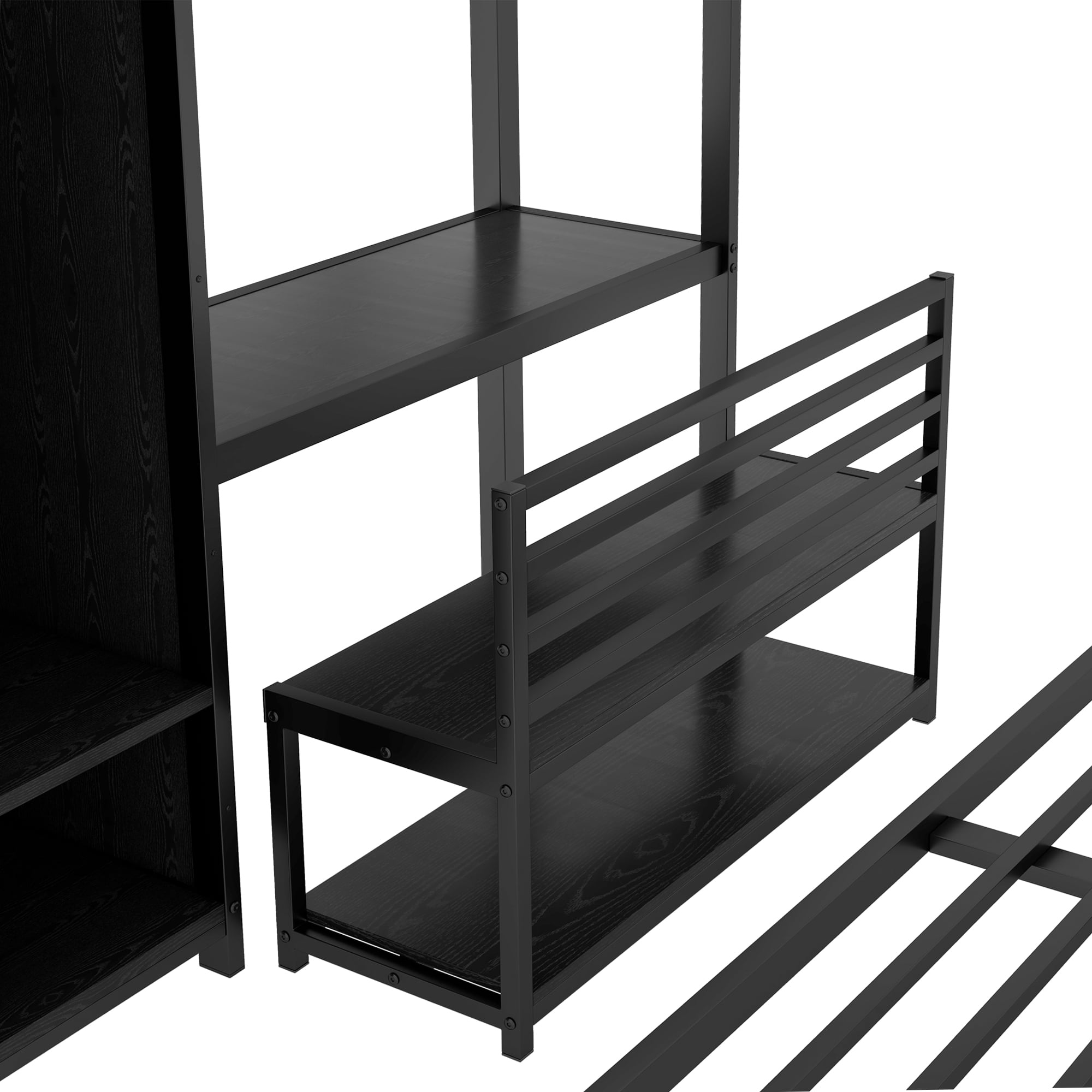 Queen over Queen Bunk Bed with Built-in Wardrobe,Heavy Duty Metal Bunk Bed with Desk and Storage Chairs,Black
