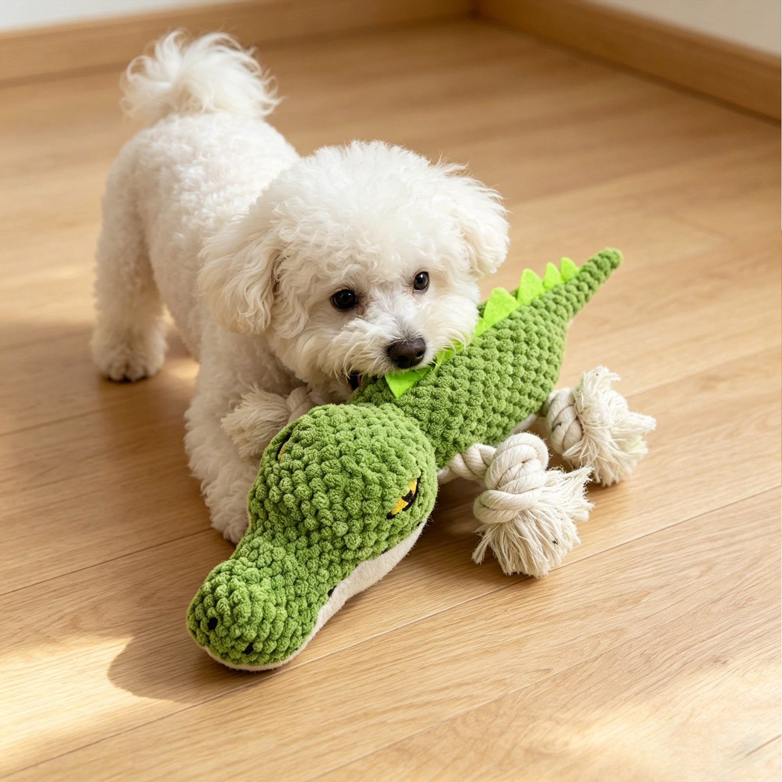 Squeaky Dog Toy Crocodile-Shaped Chew Toy with Rope Legs Plush Teething Toy Interactive Tug of War Toy for Small to Medium Dog Puppy