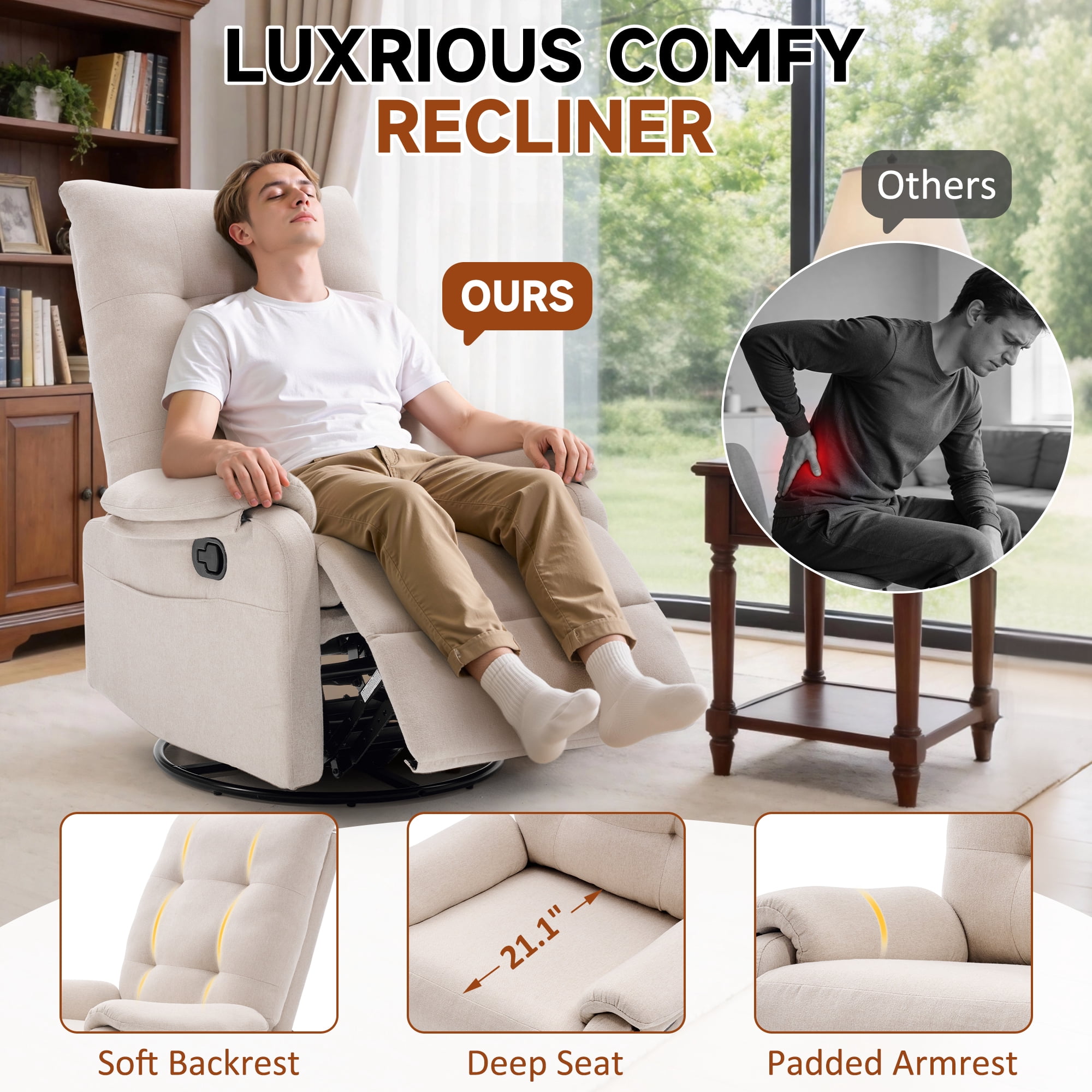 GEEYOO 360°Swivel Rocker Recliner Chair for Adults with Side Pockets,Small Recliner Chair for Small Spaces,Modern Swivel Glider Recliner for Living Room,Linen,Beige