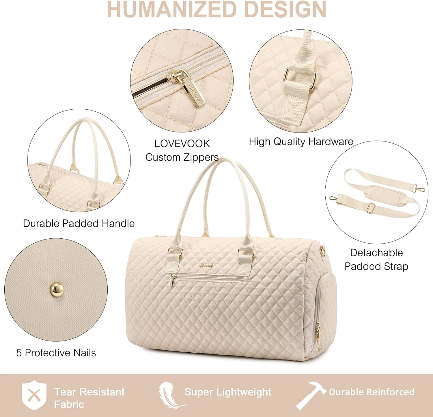 Lovevook Weekender Bag for Women, Large Travel Duffle Bag with Toiletry Bag, Gym Beach Bag Mummy Hospital Overnight Bag with Separate Wet Pocket-Beige & Quilted