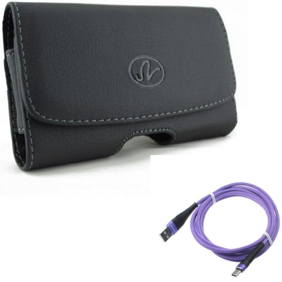 Purple 10ft USB Cable w Leather Case Belt Clip for Samsung Galaxy A53 5G,A33 5G Phones - Type-C Charger Cord Power Wire, Swivel Holster Loops Cover