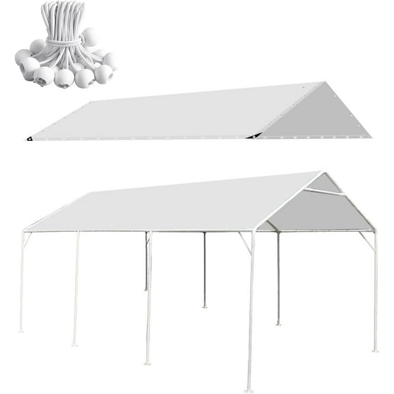 10 x 20 Ft Heavy Duty Carport Replacement Canopy Waterproof UV Protected Garage Top Shelter Tarp Tent Cover with 44 Ball Bungees Cords, Only Top Cover, White