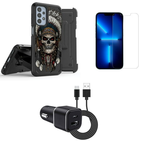 Accessories Bundle Pack for Samsung Galaxy A52 5G Case - Heavy Duty Rugged Cover (War Chief Skull), Belt Holster Clip, Screen Protectors, 30W (USB-C, USB-A) Car Charger, Type-C to USB Cable