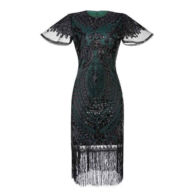 Robe à Paillettes pour Femmes, Col en V, Manches Courtes, Mini-Robe de Soirée à Franges
