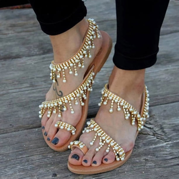 Sandalias planas sin cordones con borlas de diamantes de perlas exquisitas de estilo romano romántico para mujer, pantuflas informales, zapatos de playa para boda Wmkox8yii shjk8190