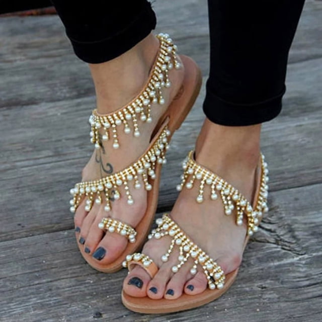 Sandalias planas sin cordones con borlas de diamantes de perlas exquisitas de estilo romano romántico para mujer, pantuflas informales, zapatos de playa para boda Wmkox8yii shjk8190