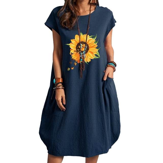 Pompotops Mode Femmes Décontracté Col Rond Imprimé Tournesol Grande Taille Poche en Solde