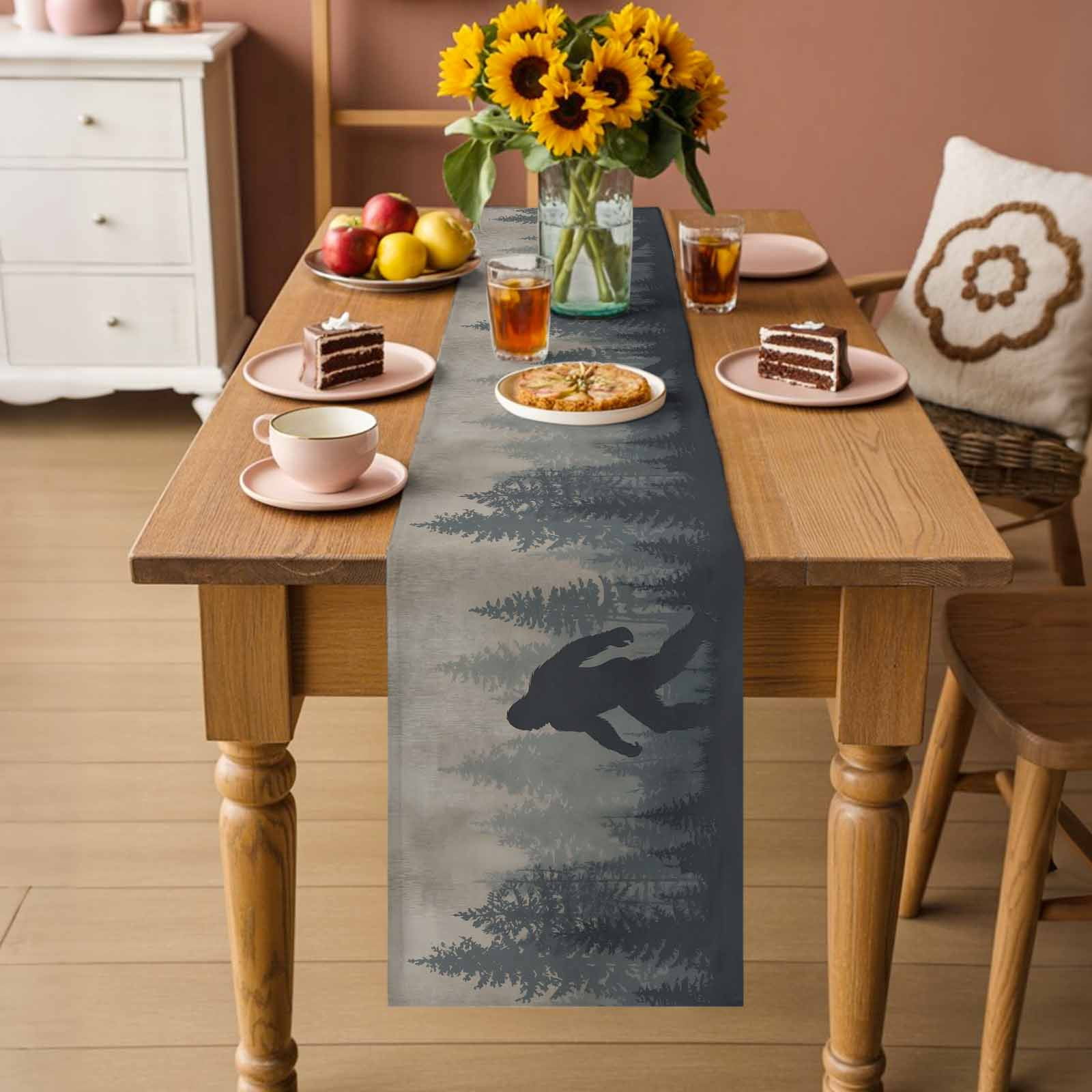 Forest Bigfoot Table Runner, Vintage Sasquatch Animal Silhouette Foggy Dark Forest Plant Cotton Linen Kitchen Table Decoration Washable Dining Tabletop Runners for Home Party Decor 13x90 Inches
