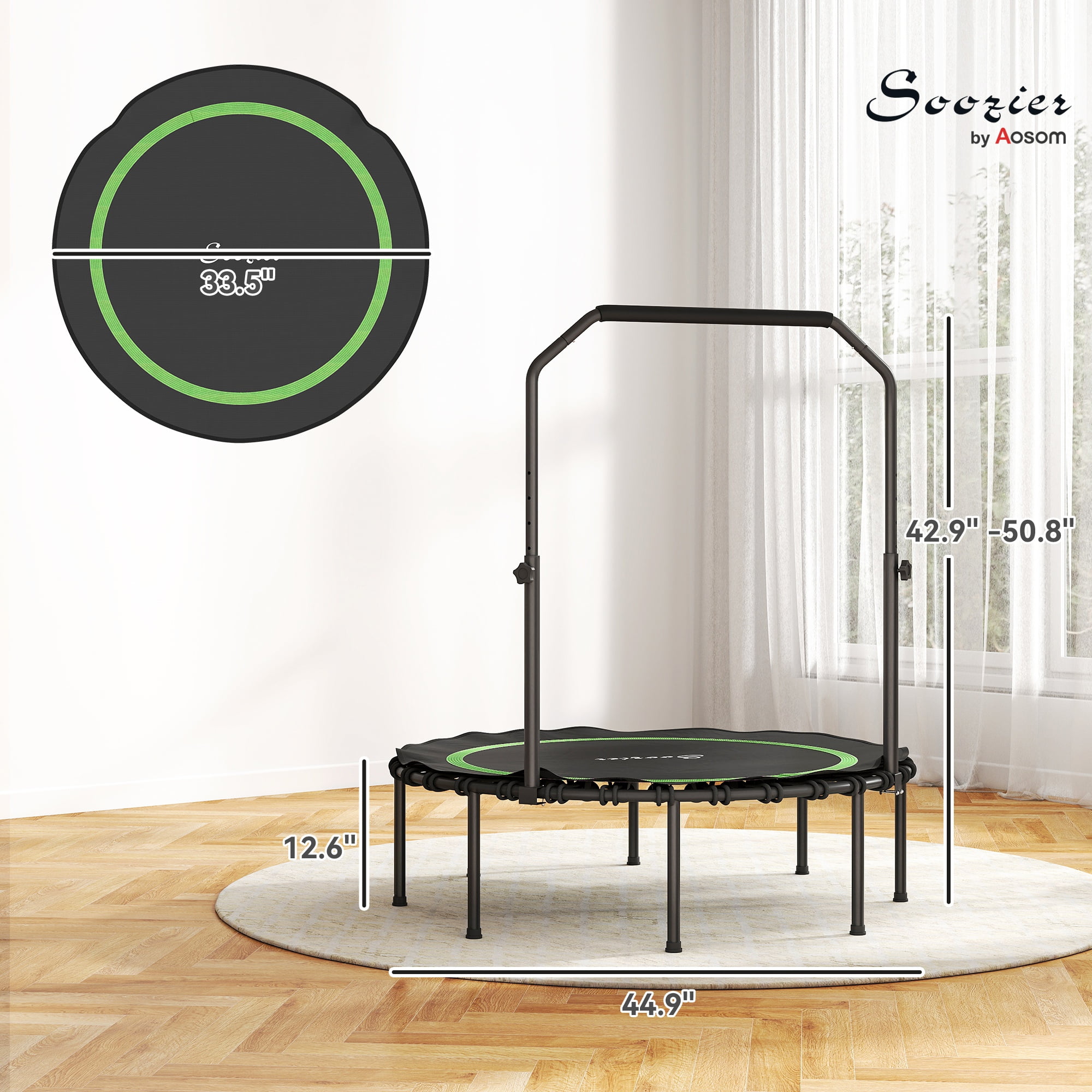 Soozier 45" Rebounder Trampoline for Adults, Foldable Mini Trampoline with Adjustable Handle Bar, Bungee Rebounder Jumping Cardio Trainer, Green
