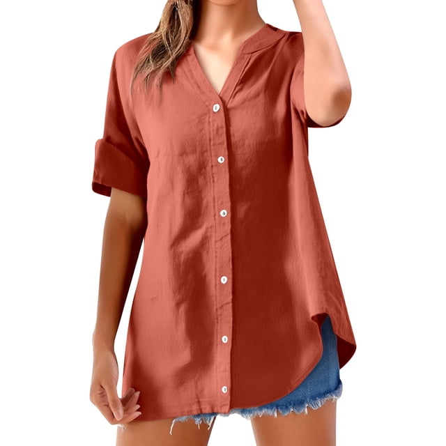 Women's Solid Color Linen Short Sleeve V-Neck Shirt - Comfortable and Stylish