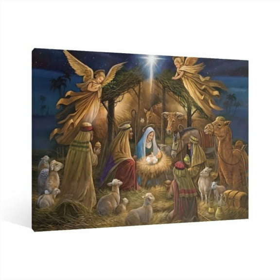 Vintage Jesus Nativity Scene Canvas Wall Art Paint Framed , Christian Watercolor Jesus Wall Art Decor,Christmas Wall Religious Artwork for Home Living Room,Bedroom Wall Decor