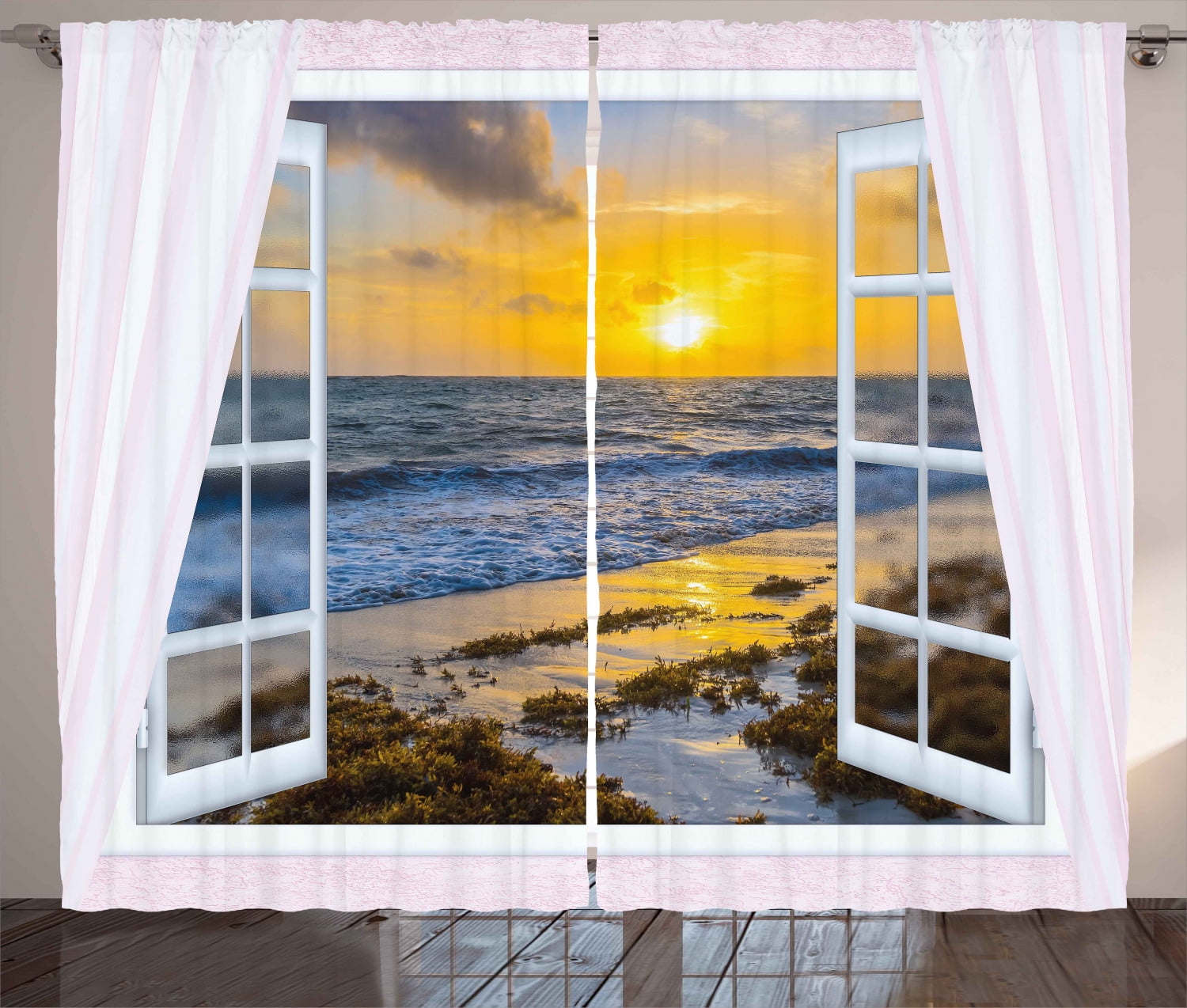 2 Panel Tropical Paradise Beach Scenery Blockout Fabric Curtain Window Drapes 