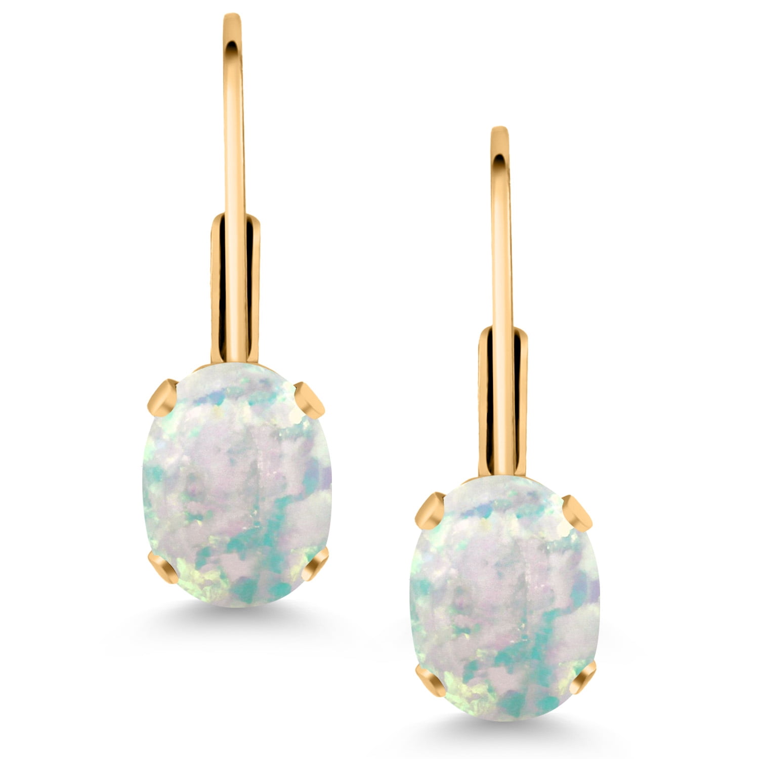 Gem Stone King White Opal Yellow Gold Plated Leverback Earrings for Women (2.00 Cttw, Gemstone October Birthstone, Oval Cabochon 7X5MM)