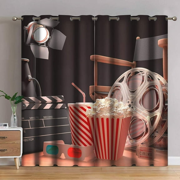 Jekeno Movie Theater Curtains, Objects of The Film Industry Hollywood Motion Picture Cinematography Concept, Blocking Window Drapes for Living Room Bedroom Decor 2 Panel Set, 52" X 84" （Red Black）