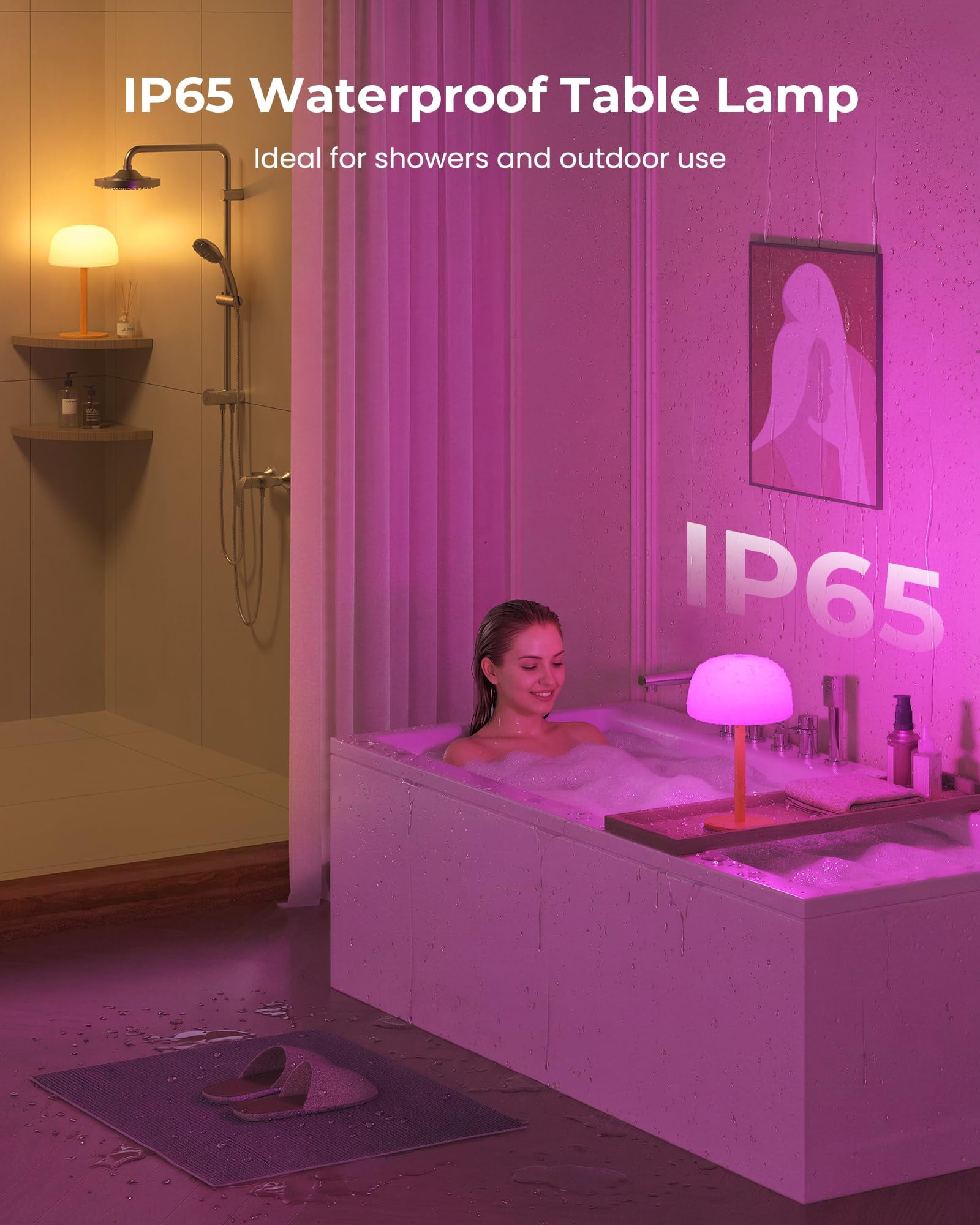 IP65 Shower Lamp Waterproof, 7500mAh Rechargeable Shower Lights for Inside Shower, 18 Colors Cordless Shower Light, Stepless Dimming LED Table Lamp for Bathroom Bathtub Patio Outdoor