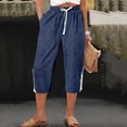 thumbnail image 2 of Capri Pants for Women Casual Cotton Linen Trousers Lightweight Drawstring Elastic Waist Pants with Pockets, #02 Blue, XL, 2 of 5