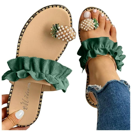 

Cathalem Women s Pineapple Rhinestone Sandals Shiny Flat Slippers Summer Beach Clip Toe Flip Womens Hard Sole Slippers Size 9 Green 9