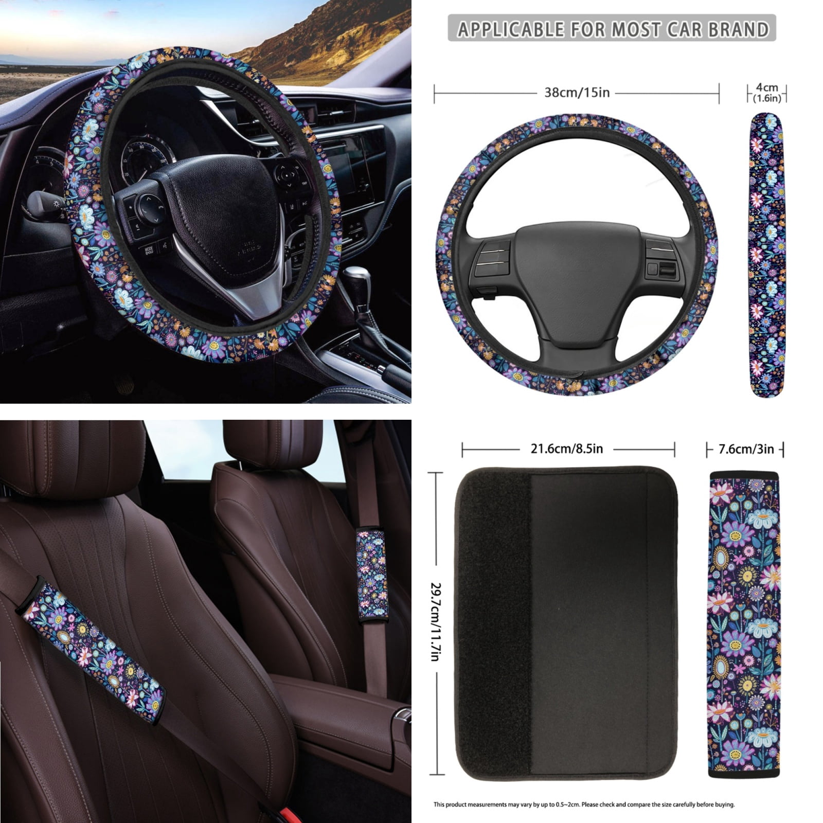 Yuyamidu Colorful Flower Car Seat Covers Full Set of 16 Car Windshield Sun Shade Gear Shift Cover Hand Brake Cover Steering Wheel Cover Seat Belt Pads Rearview Mirror Cover Cup Holders Keychain