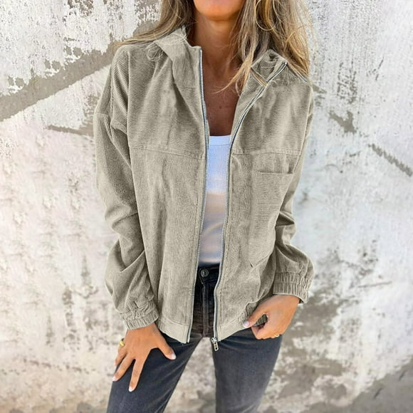 SNOWSONG Clearance! Womens Corduroy Jacket, Womens Lightweight Corduroy Zippered Long Sleeve Jacket Casual Loose Outerwear, Denim Jackets, Jackets for Women Khaki 3XL