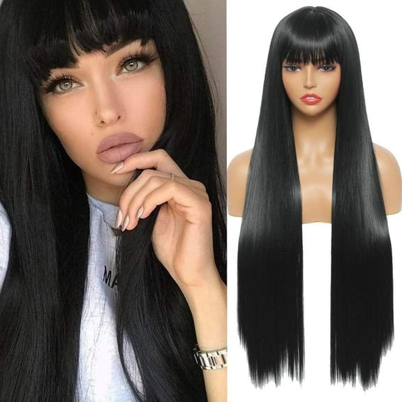 QUEENTAS 40 Inch Black Wig with Bangs Long Black Wigs for Women Synthetic Straight Hair Party Daily Wear