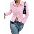 thumbnail image 3 of Camisa Corta A Rayas con Botones y Larga Ajustada para Mujer, Blusa de Trabajo Rosa L, 3 of 9