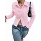 thumbnail image 3 of Camisa Corta A Rayas con Botones y Larga Ajustada para Mujer, Blusa de Trabajo Rosa S, 3 of 9