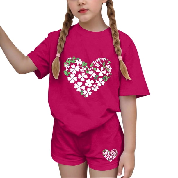Vestido de manga corta para niños Día de San Patricio impreso de dos piezas Conjunto de cuello redondo con pantalones cortos, blusa de manga corta