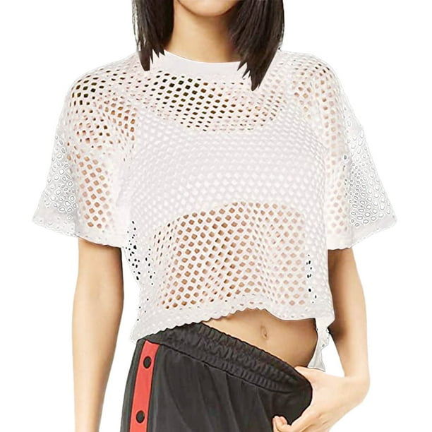 Top corto de malla transparente para mujer: diseño sexy con aberturas, opciones de manga corta/larga, ropa informal de verano con hombros caídos.