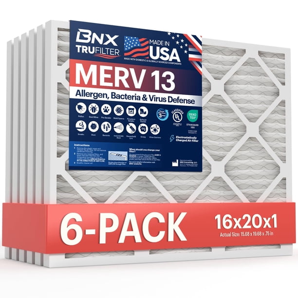 Bnx Trufilter 16X20X1 Filtro De Aire Merv 13 (Paquete De 6) - Hecho En Ee.Uu. - Aire Acondicionado Plisado Electrostático Hvac Ac Filtros De Horno Para Alergias Polen Moho Bacterias Humo Alérgeno Mpr