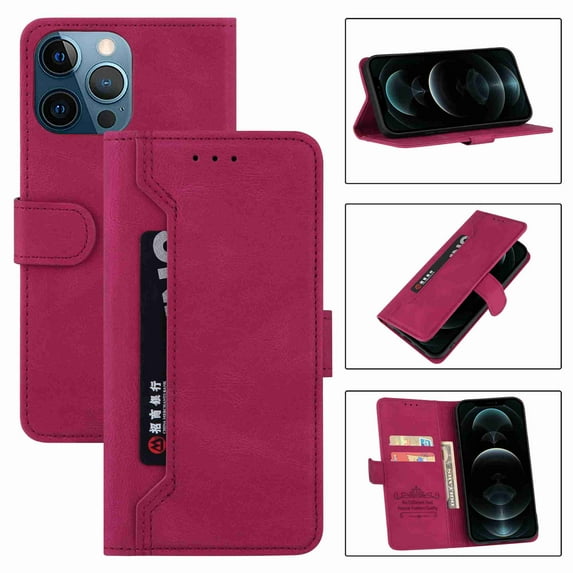 Mantto Compatible iPhone 13 Pro Max Case Magnetic Synthetic Leather Folio Flip Case with Kickstand Card Holder PU Leather Shockproof Protective Cover for iPhone 13 Pro Max, Winered