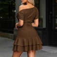 thumbnail image 4 of Dolkfu Mini Dresses for Women Dressy Casual Short Sleeve Cowl Neck Brown A-Line Dresses Solid Modern Slim Minimalist Garments Coffee,L, 4 of 4