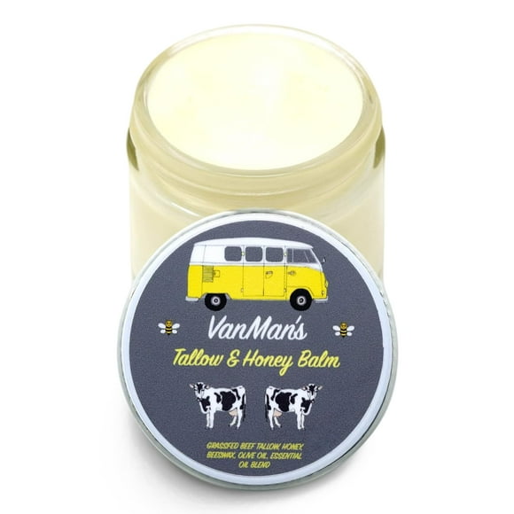 Bálsamo de sebo y miel de Vanman - Hidratante facial de sebo con sebo de res alimentado con pasto/acabado para la piel y aceites esenciales Miel cruda orgánica y cera de abejas Aceite de oliva prensad