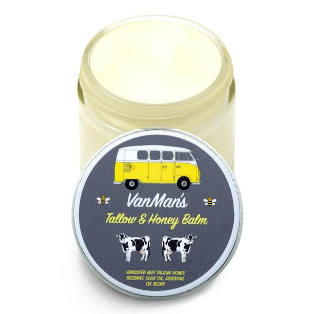 Bálsamo de sebo y miel de Vanman - Hidratante facial de sebo con sebo de res alimentado con pasto/acabado para la piel y aceites esenciales Miel cruda orgánica y cera de abejas Aceite de oliva prensad