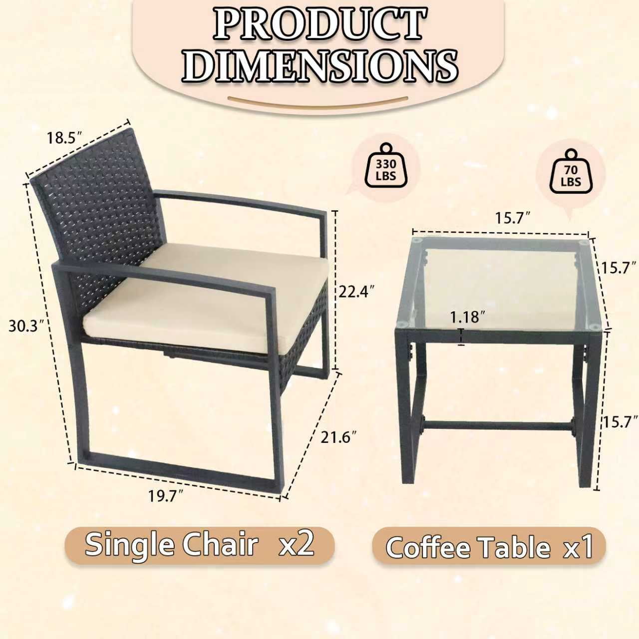 Junkai 3-Piece Metal Outdoor Bistro Sets with 2 Single Seats and 1 Coffee Table, Black/Beige