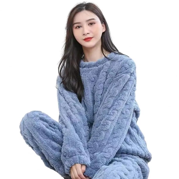 Conjunto de pijama de lana de textura retorcida para mujer, traje de terciopelo cálido de lana, Tops de manga larga, pantalones de chándal de pierna ancha, ropa de estar por casa gruesa