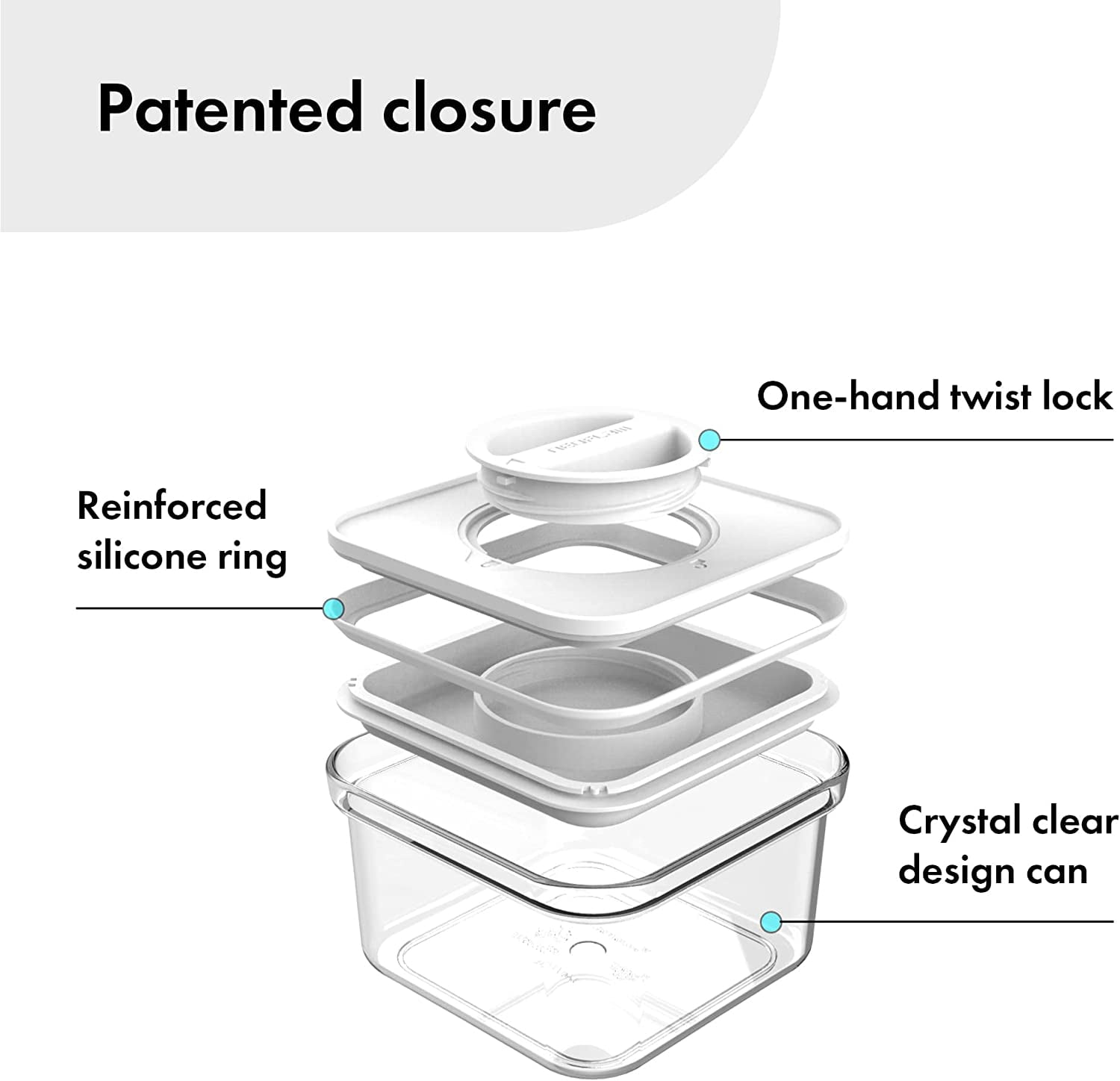 NEOFLAM Airtight Smart Seal Food Storage Container (Set of 3, Square) | Crystal Clear Body | Modular, Stackable, Nestable Design (0.6L, White Lid)