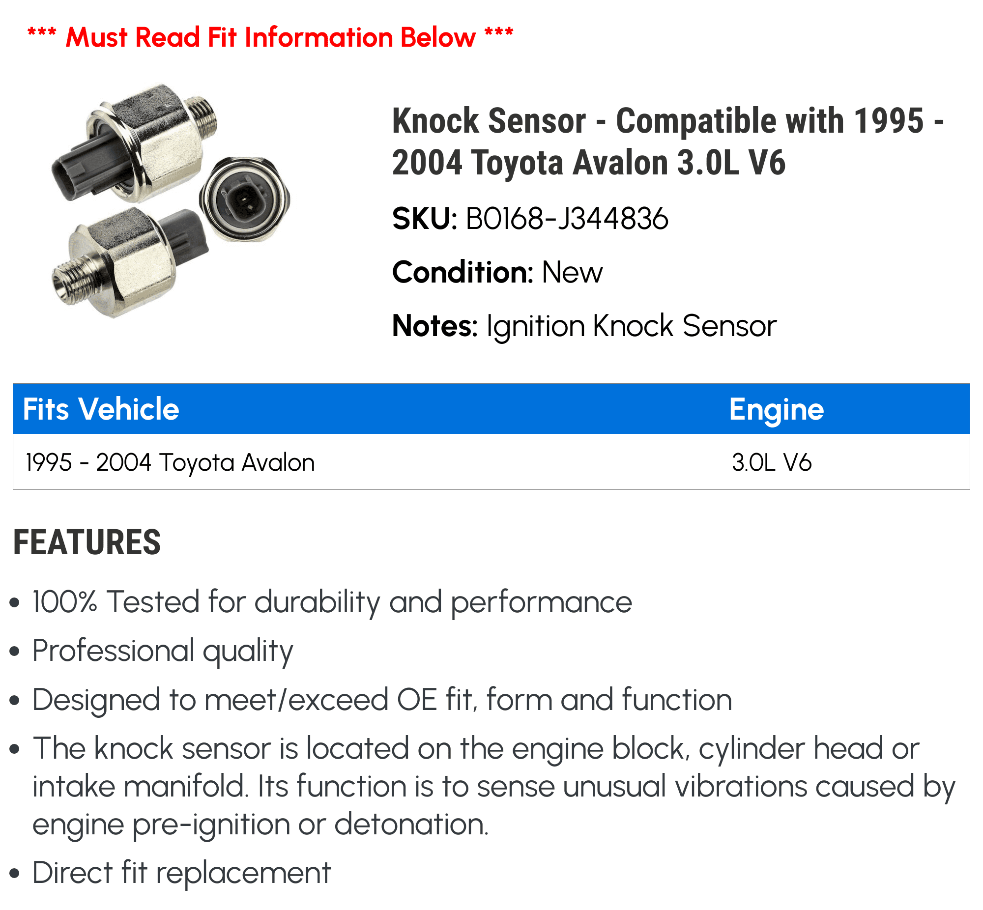 Knock Sensor - Compatible with 1995 - 2004 Toyota Avalon 3.0L V6 1996 1997 1998 1999 2000 2001 2002 2003