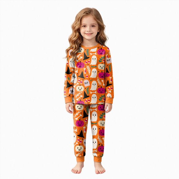 Kogui Halloween Pjs Kids 2-Piece Cute Ghost Pumpkin Print Soft Sleepwear Set Long Sleeve Kids Pjs 2T 3T (Gold,2-3 Years)