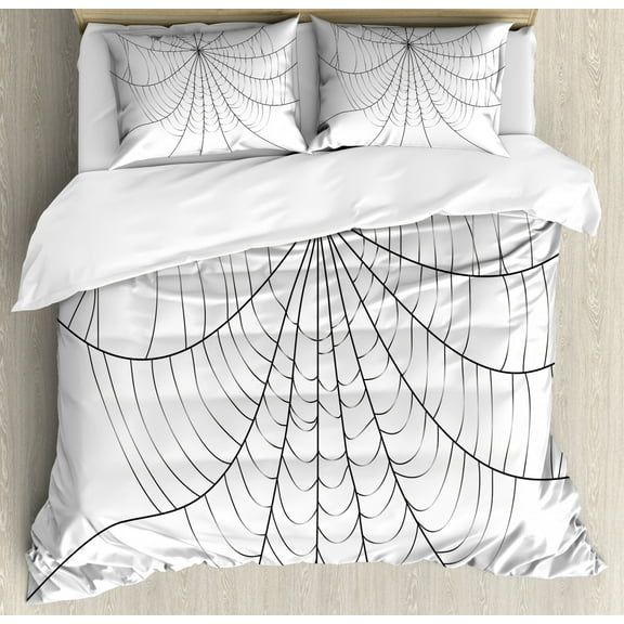 Spider Web Duvet Cover Set King Size, Close Up Cobweb Design Monochrome Design Elements Catching Network Fear, Decorative 3 Piece Bedding Set with 2 Pillow Shams, Grey Black White, by Ambesonne
