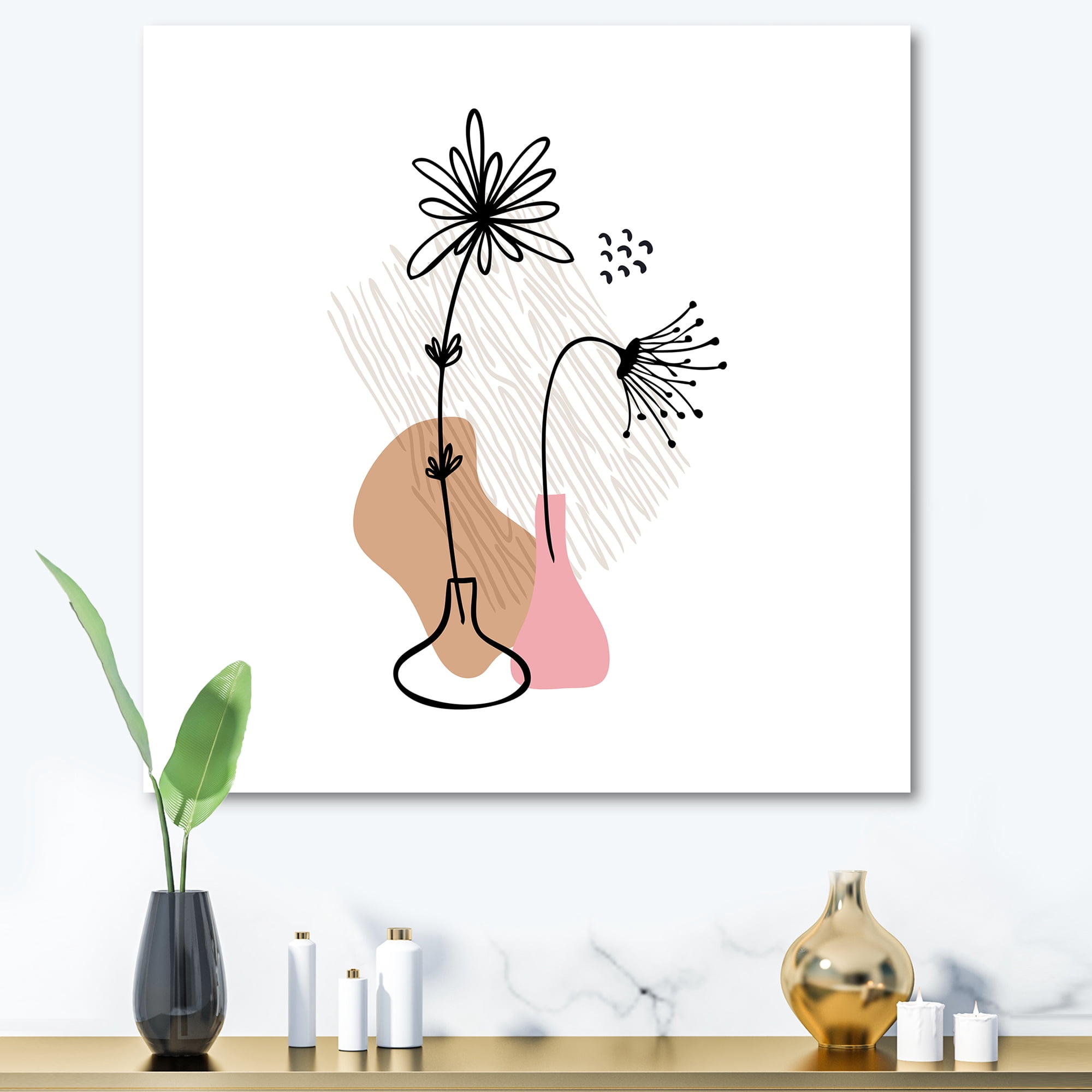 Abstract Minimal Shapes Under Flowers III 30 in x 30 in Painting Canvas Art Print, by Designart