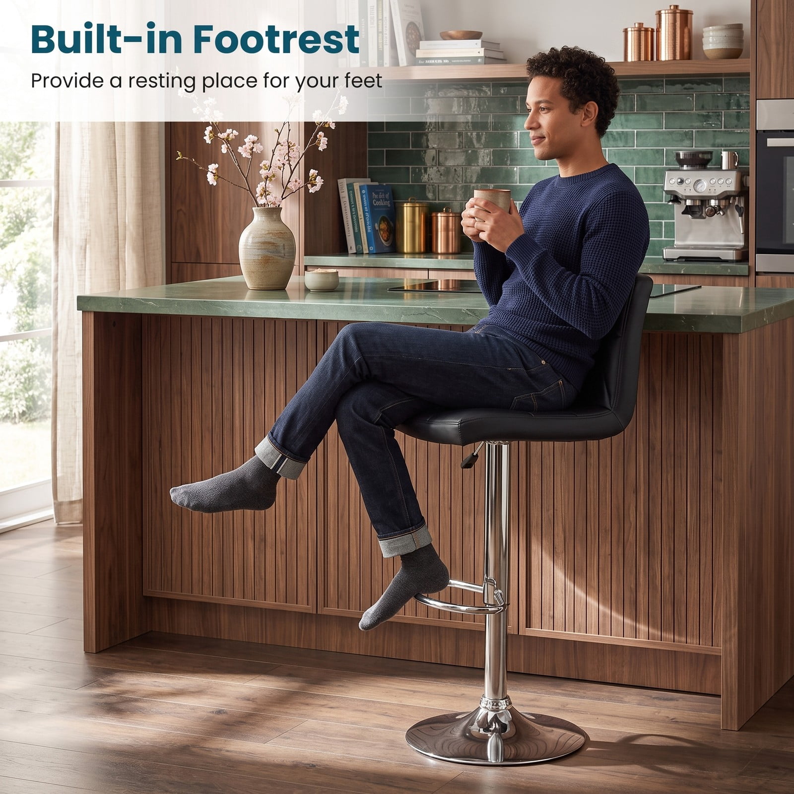 Furnibear Adjustable Swivel Bar Stools Set of 2 with Backrest and Footrest, 360 Degree Swivel Counter Height Barstools, Faux Leather Padded Seat Metal Bar, Black