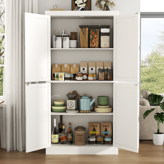 Farmhouse Kitchen Pantry Cabinet, 69" Tall Storage Cabinet with Adjustable Shelves & Doors, Freestanding Cupboard for Kitchen Dining Room Living Room, White