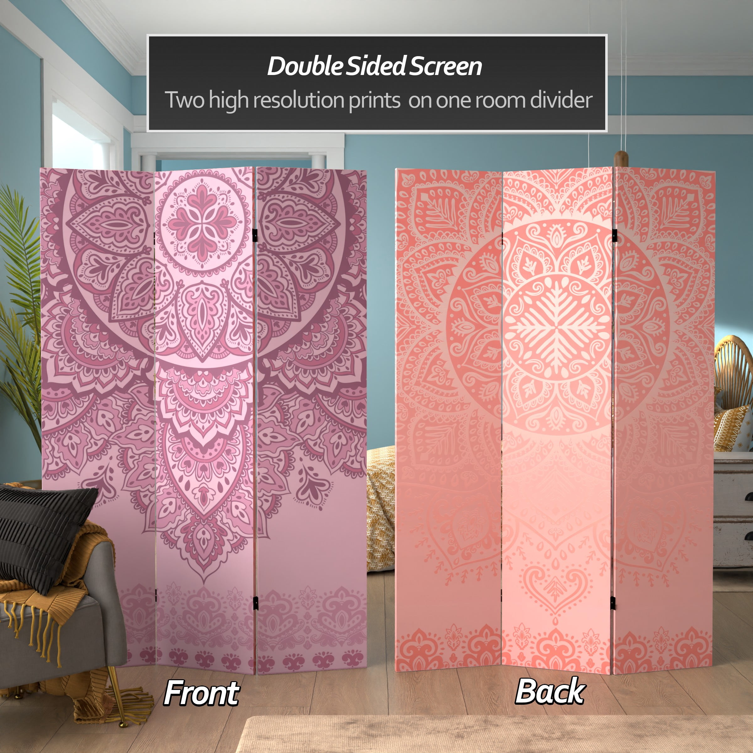 Red Lantern 6 ft. Tall Double Sided Pink Mandalas Freestanding Canvas Room Divider