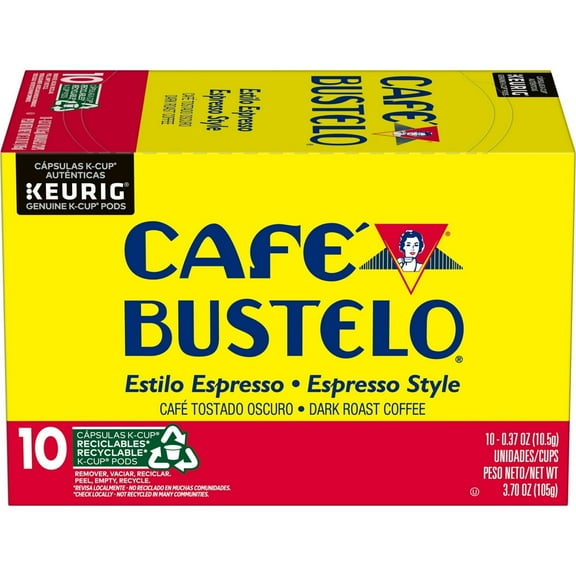 Cafe Bustelo Espresso Style Dark Roast Coffee, Keurig K Cup pods, 10 Count Box