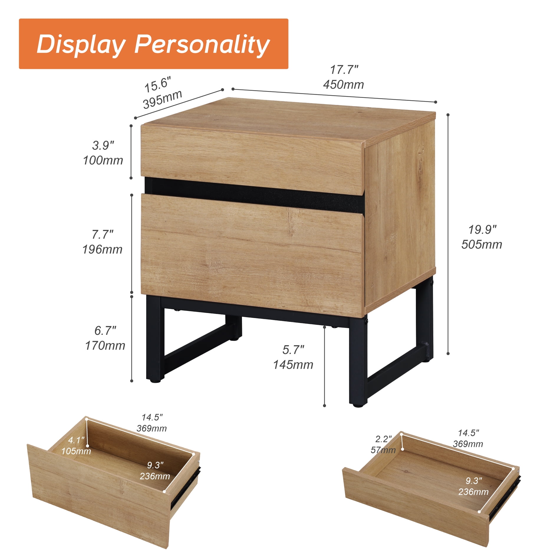 WAMPAT Modern Bedside Table for bedroom, Nightstand with 2 Drawers and Black Square Iron Leg, Wood Rustic Side End Table for living Room