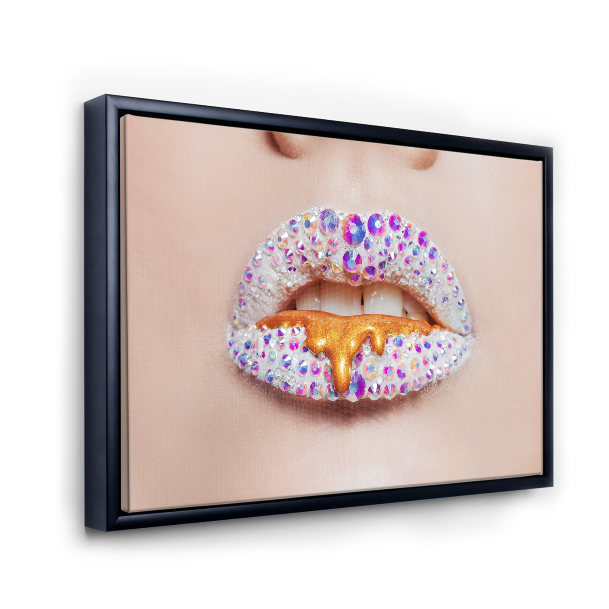 Designart 'Shining Woman Lips Covered With Rhinestones and Smudges' Modern Framed Canvas Wall Art Print