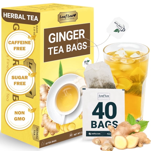 LeafLea 40 Ginger Tea Bags, 100% Pure & Natural from Dried Ginger Root Tea, Spicy & Comforting Herbal Tea, Caffeine Free, Sugar Free