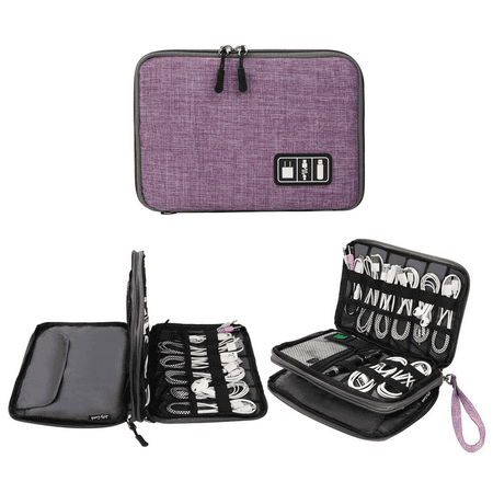 Cable Organizer Bag, Electronic Accessories Double Layer Organizer Bag Waterproof Travel USB Cable Storage Bag (Purple and Grey)