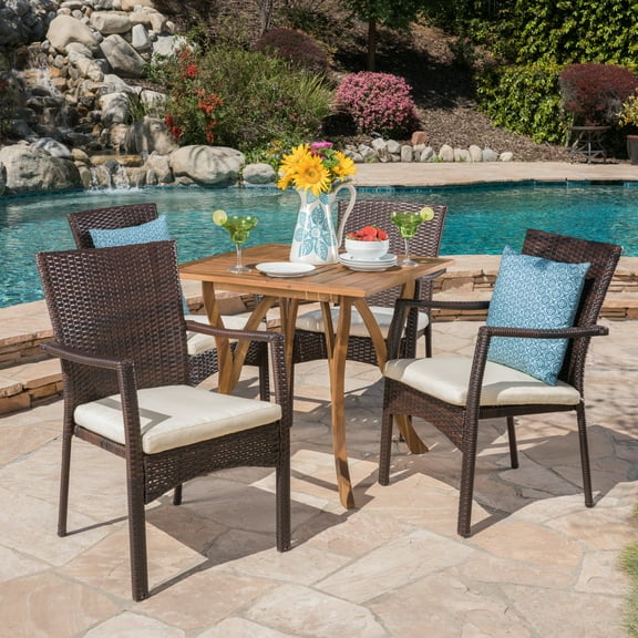 Outdoor 5 Piece Acacia Wood/ Wicker Dining Set with Cushions, Teak, Brown,Crme